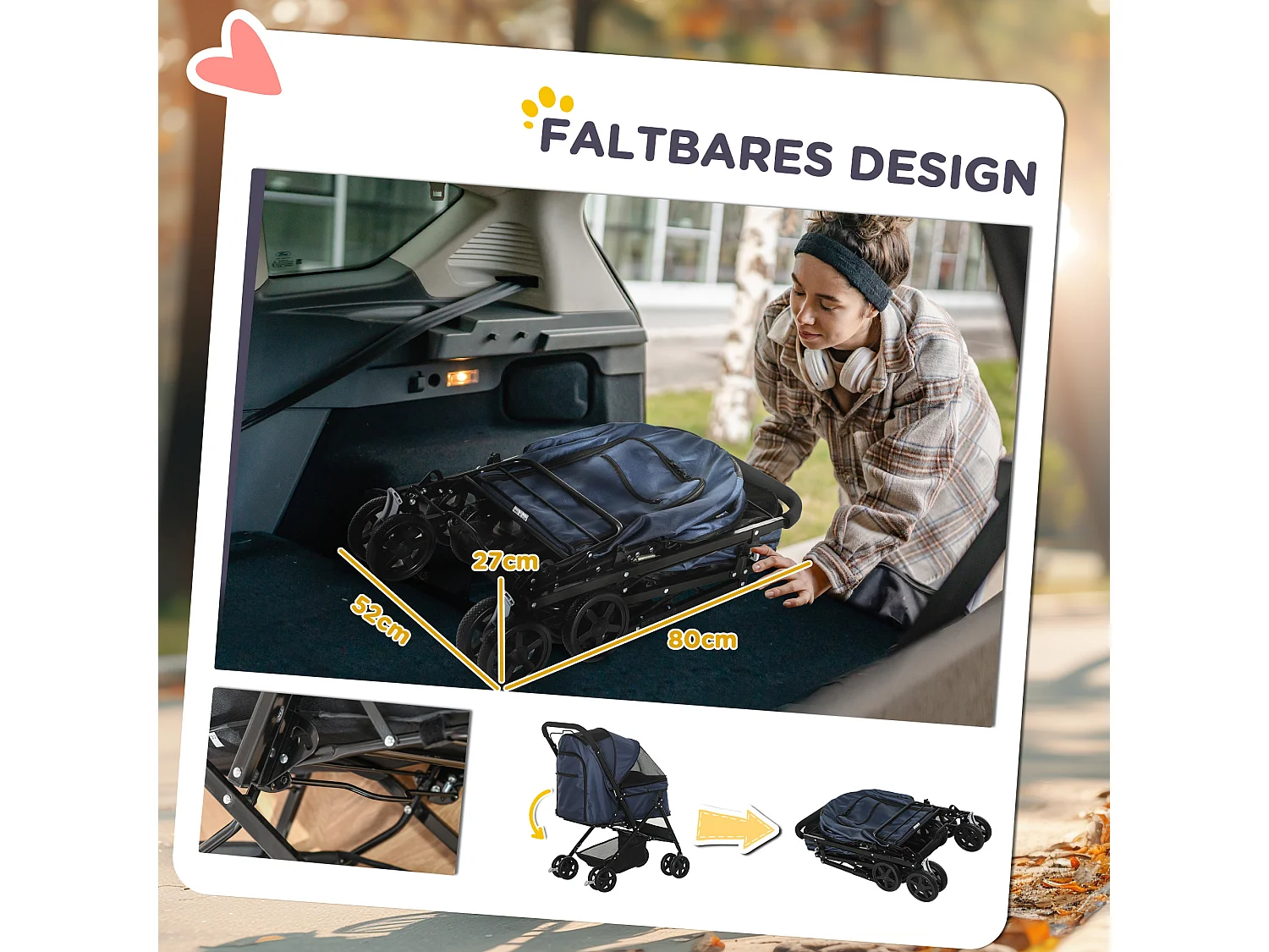 Poussette pour chien et chat pliable, polyester résistant, bleu, avec roues pivotantes et housse réglable (76.5x52x95cm)