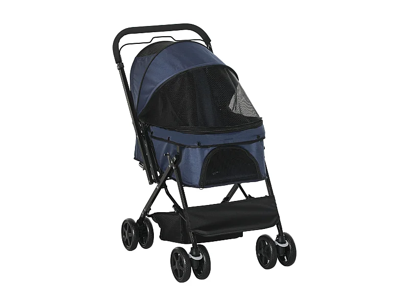 Passeggino pieghevole per cani e gatti, in poliestere resistente, blu, con ruote girevoli e copertura regolabile (76,5x52x95 cm)