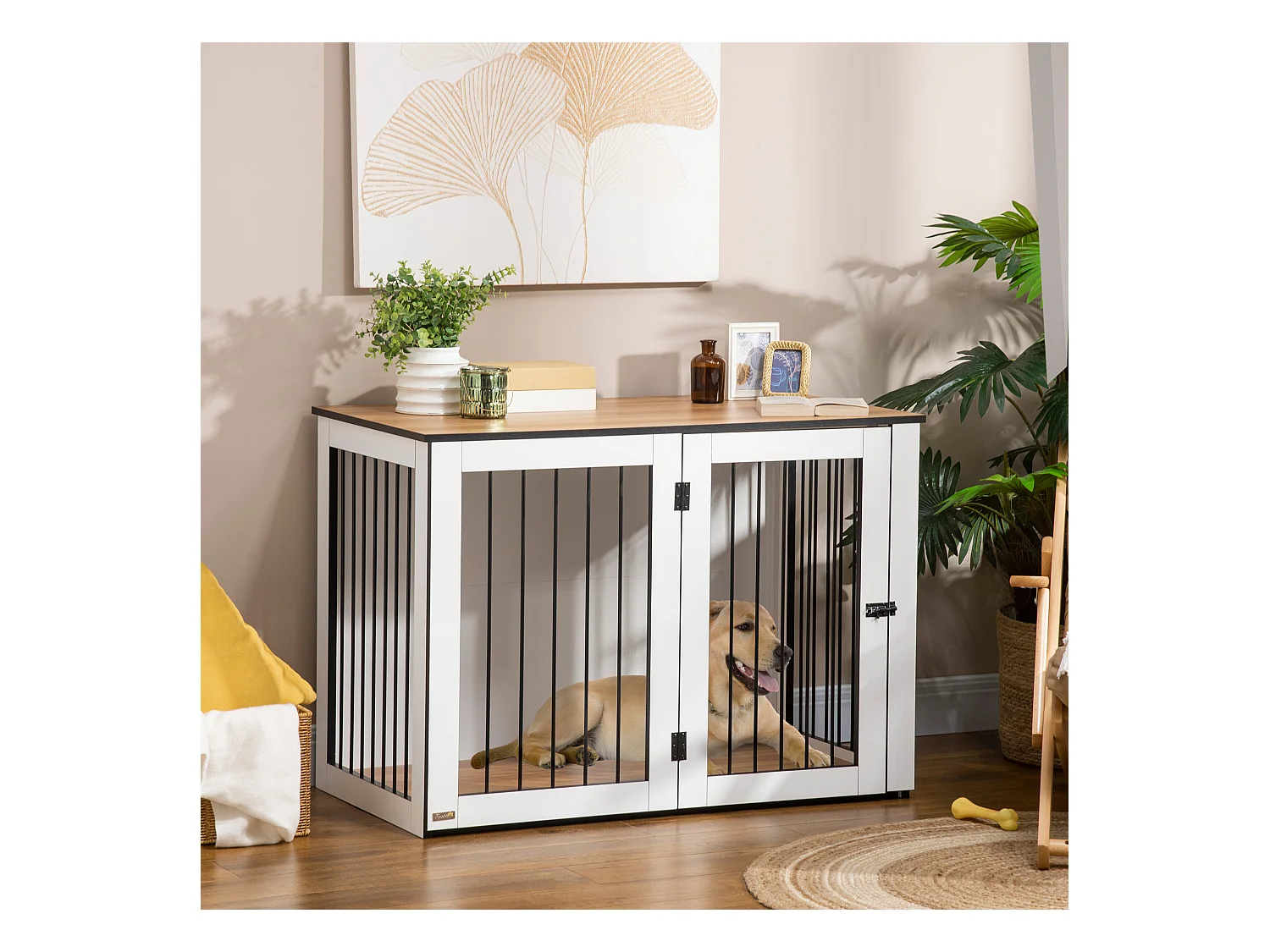 Cage pour chien design moderne, avec portes verrouillables, panneau de particules, noyer foncé et blanc (106x60x76cm)
