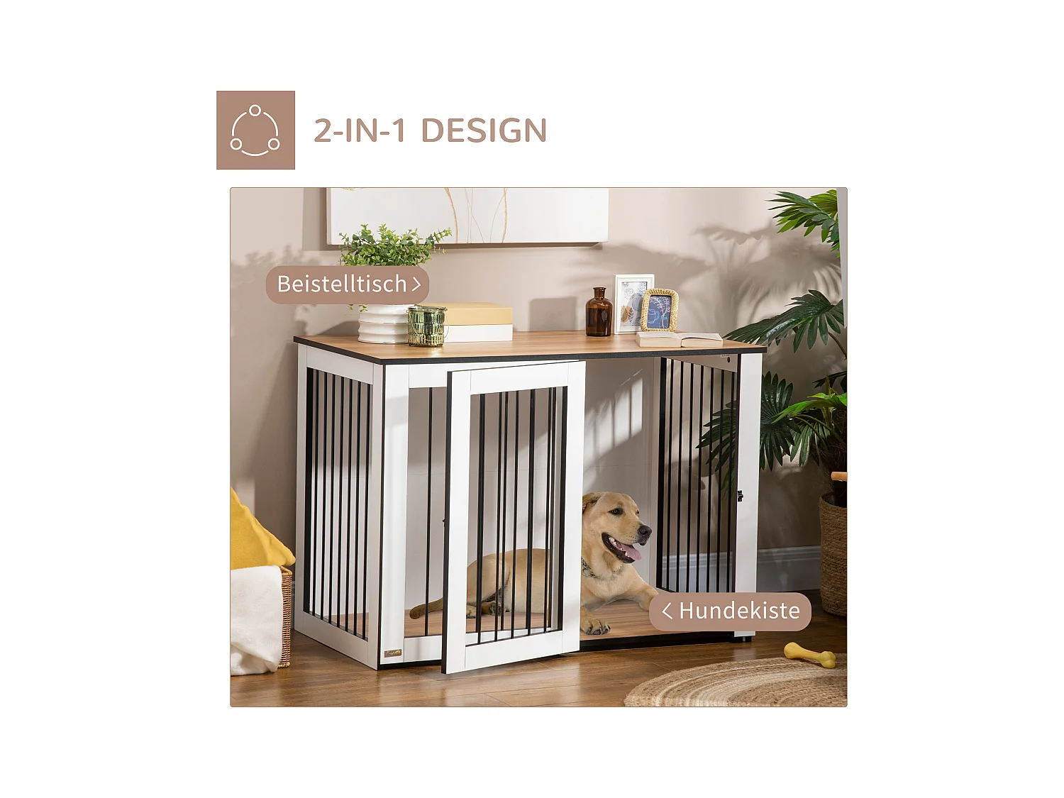 Cage pour chien design moderne, avec portes verrouillables, panneau de particules, noyer foncé et blanc (106x60x76cm)