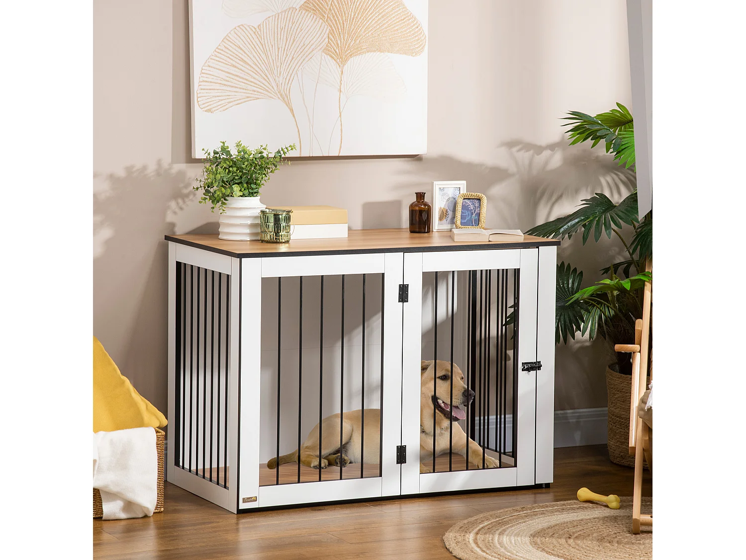 Cage pour chien design moderne, avec portes verrouillables, panneau de particules, noyer foncé et blanc (106x60x76cm)