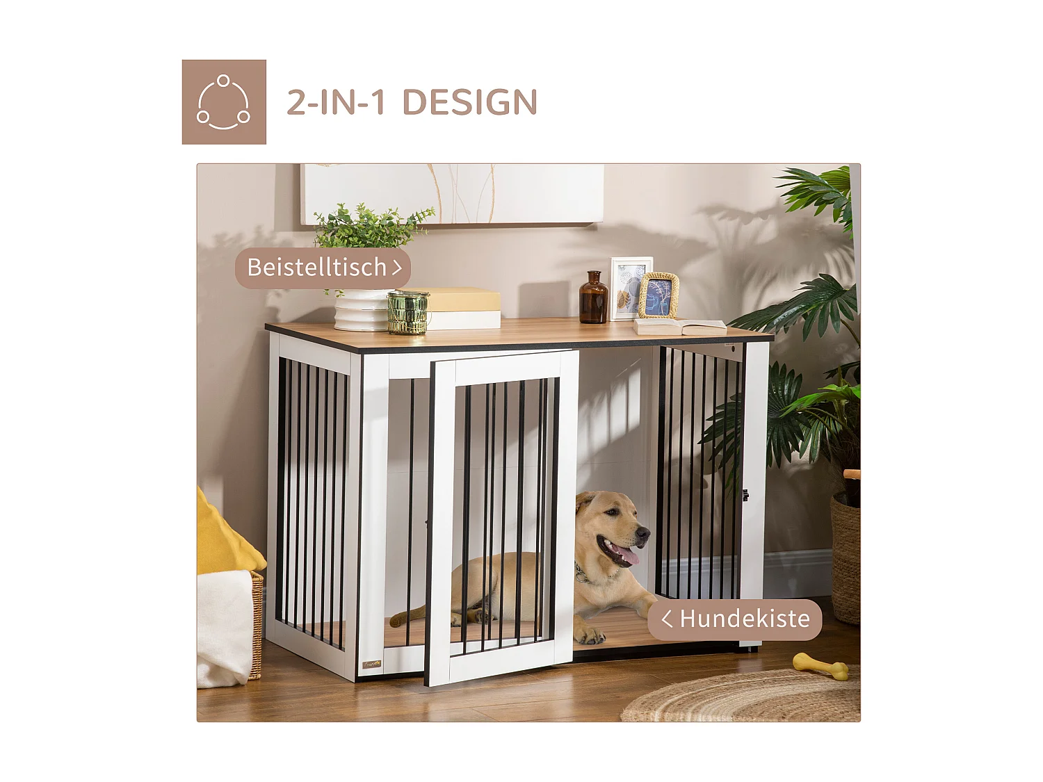 Cage pour chien design moderne, avec portes verrouillables, panneau de particules, noyer foncé et blanc (106x60x76cm)