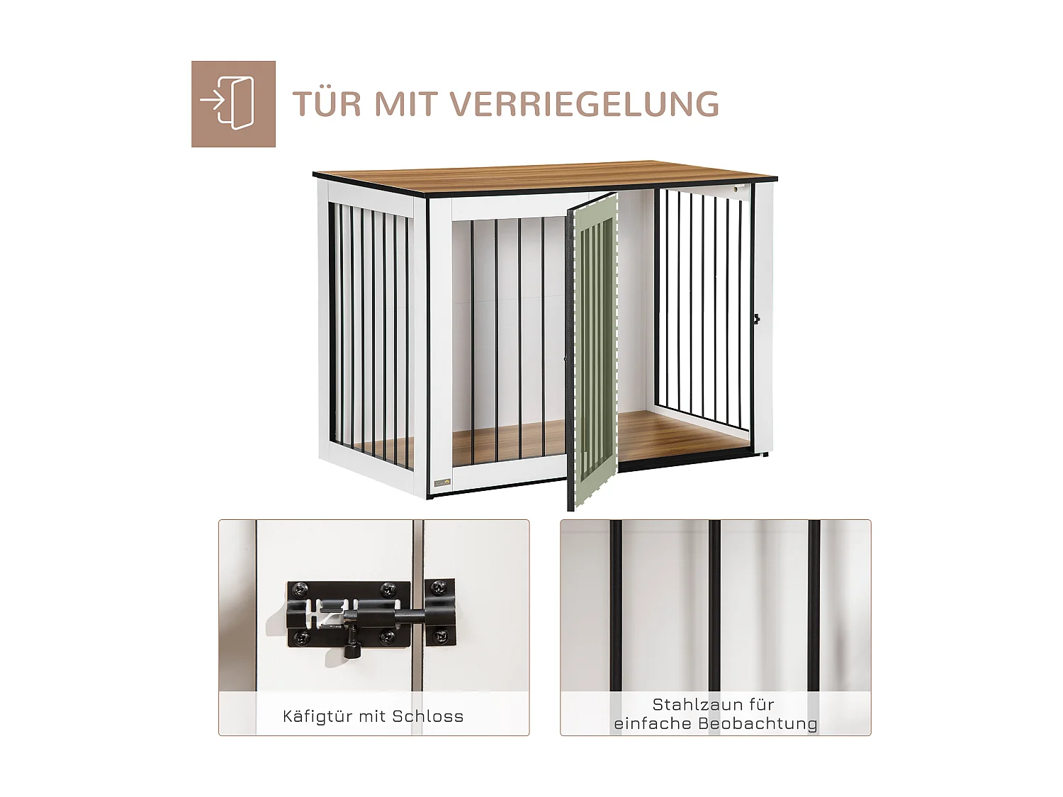 Cage pour chien design moderne, avec portes verrouillables, panneau de particules, noyer foncé et blanc (106x60x76cm)