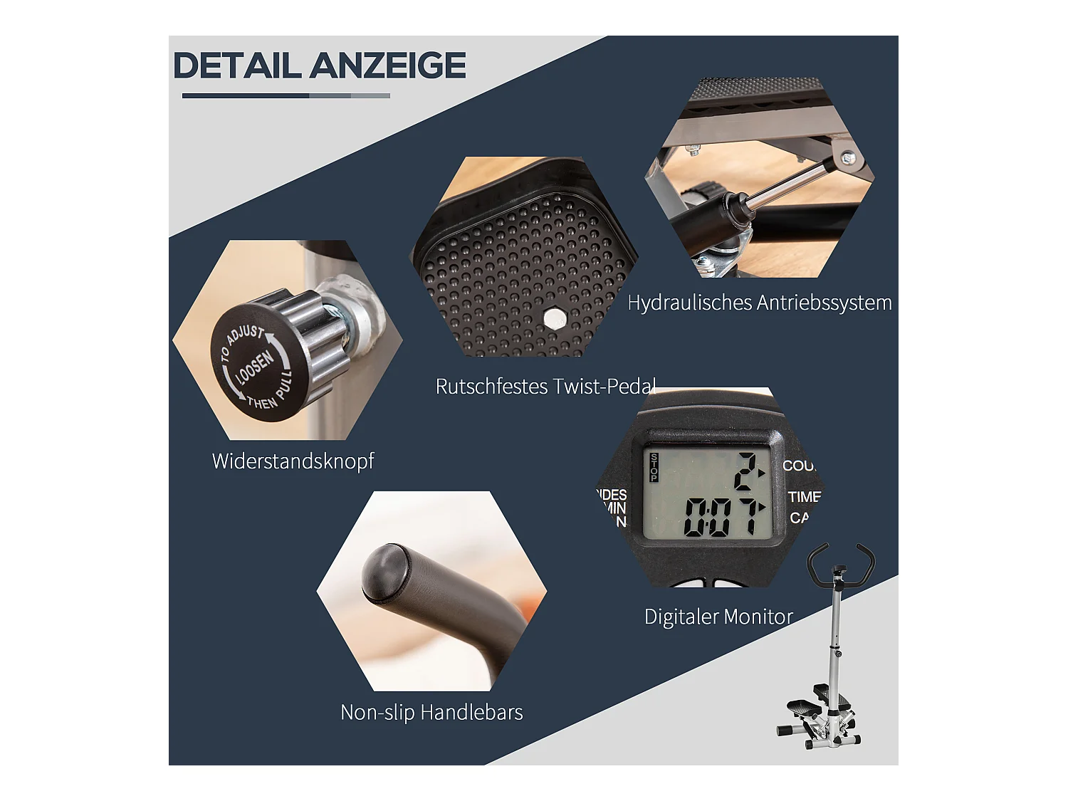 Stepper de fitness avec poignée, écran LCD, résistance hydraulique, ABS noir (55x53x128cm)