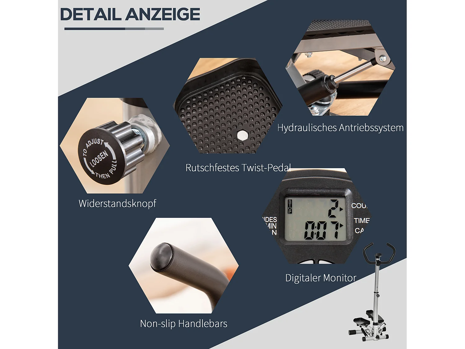 Stepper de fitness avec poignée, écran LCD, résistance hydraulique, ABS noir (55x53x128cm)