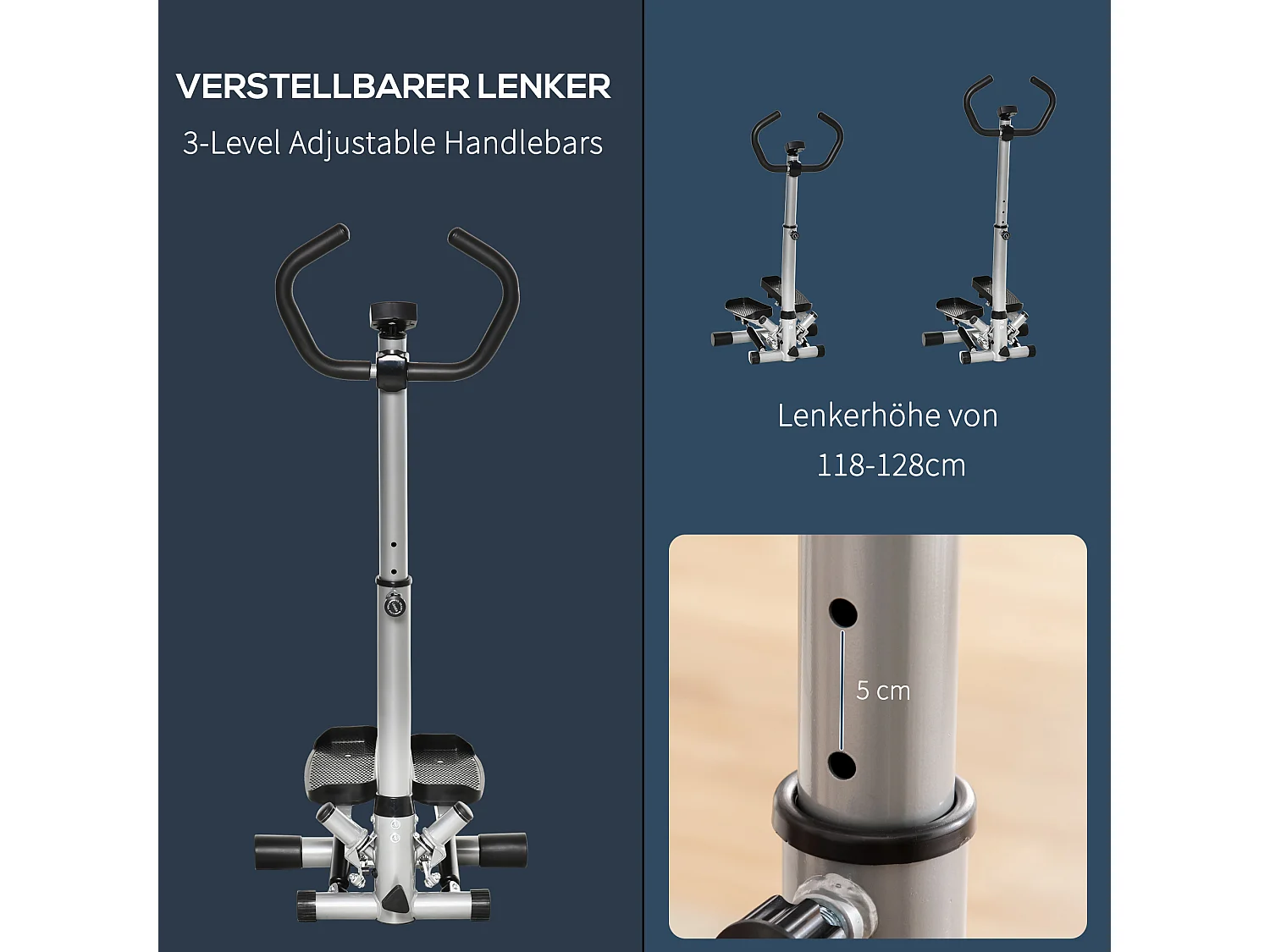Stepper de fitness avec poignée, écran LCD, résistance hydraulique, ABS noir (55x53x128cm)