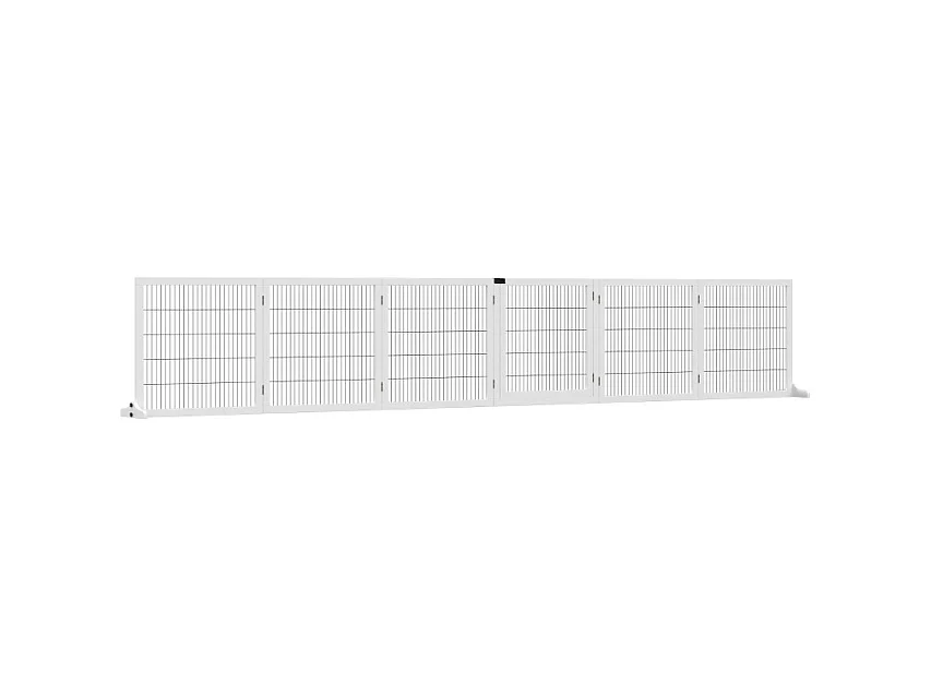Barrière pour chien réglable et pliable, en bois et acier, blanche, avec 6 panneaux et pieds stabilisateurs (432x36x70 cm)