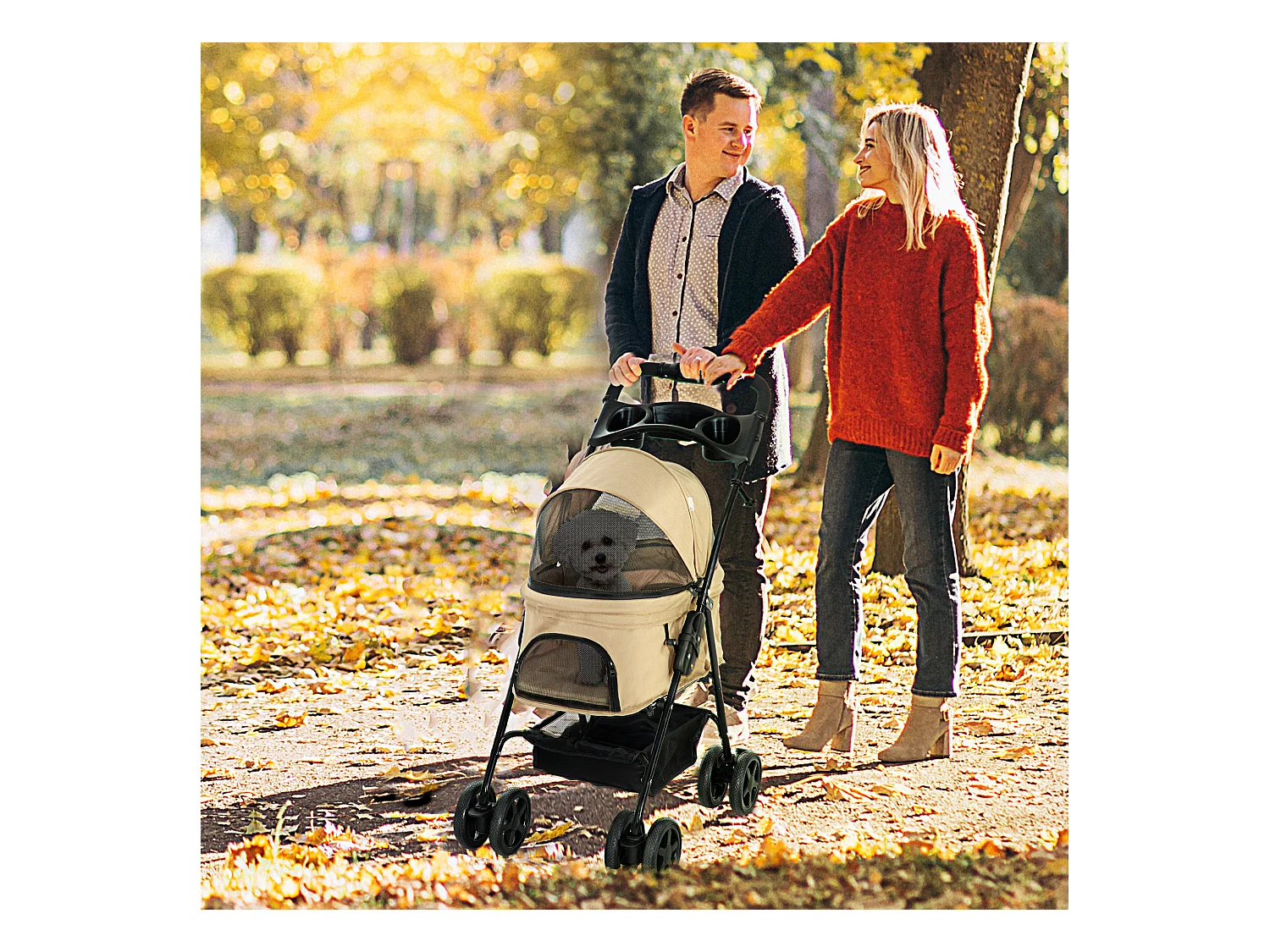 Poussette pliante pour petits chiens et chats, tissu oxford, kaki, avec rangement et roues pivotantes (67x45x96cm)