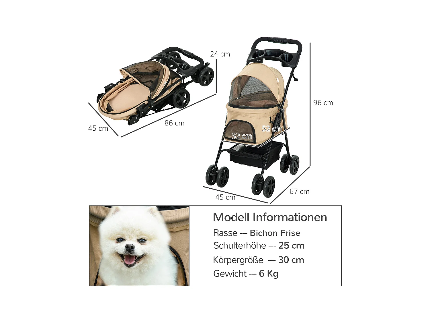 Poussette pliante pour petits chiens et chats, tissu oxford, kaki, avec rangement et roues pivotantes (67x45x96cm)