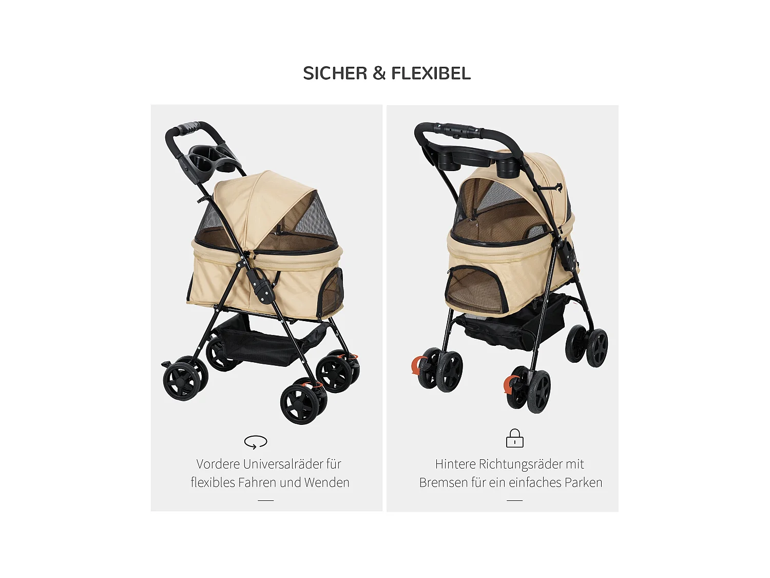 Poussette pliante pour petits chiens et chats, tissu oxford, kaki, avec rangement et roues pivotantes (67x45x96cm)