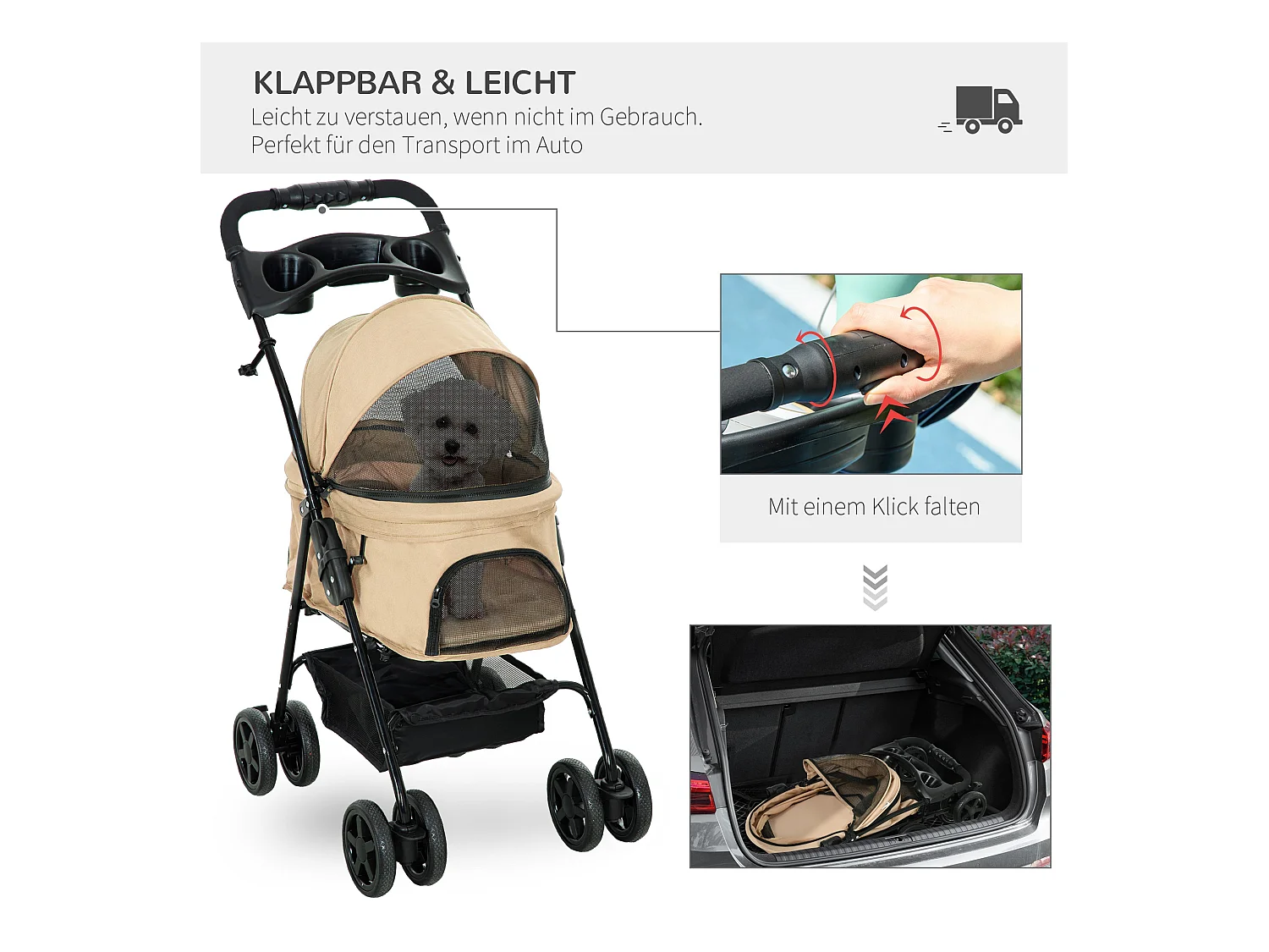 Poussette pliante pour petits chiens et chats, tissu oxford, kaki, avec rangement et roues pivotantes (67x45x96cm)