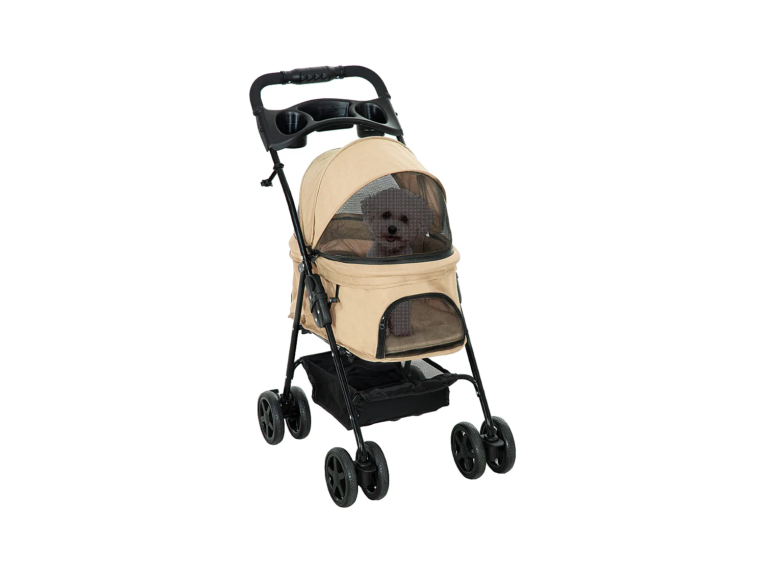 Opvouwbare kinderwagen voor kleine honden en katten, Oxford-stof, kaki, met opbergruimte en zwenkwielen (67x45x96cm)