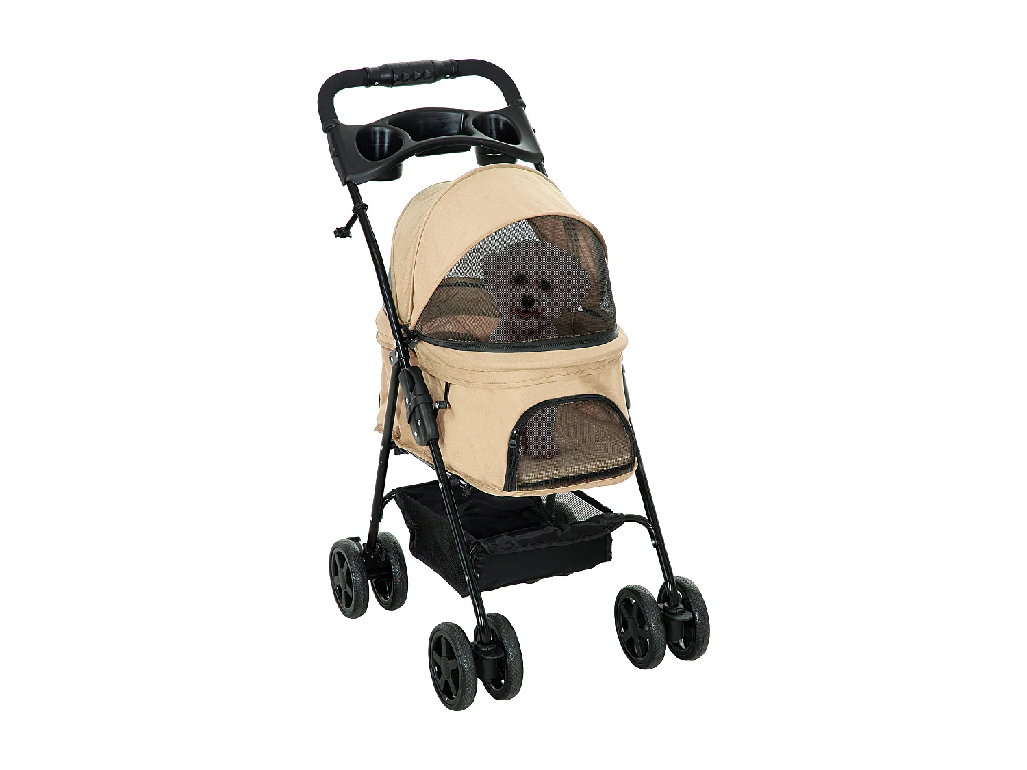 Poussette pliante pour petits chiens et chats, tissu oxford, kaki, avec rangement et roues pivotantes (67x45x96cm)