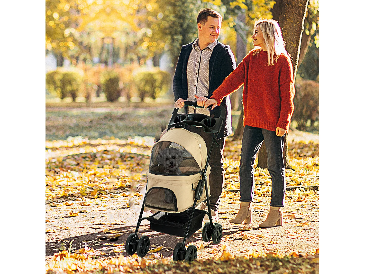 Poussette pliante pour petits chiens et chats, tissu oxford, kaki, avec rangement et roues pivotantes (67x45x96cm)