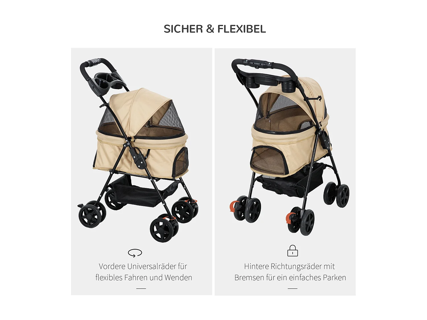 Poussette pliante pour petits chiens et chats, tissu oxford, kaki, avec rangement et roues pivotantes (67x45x96cm)