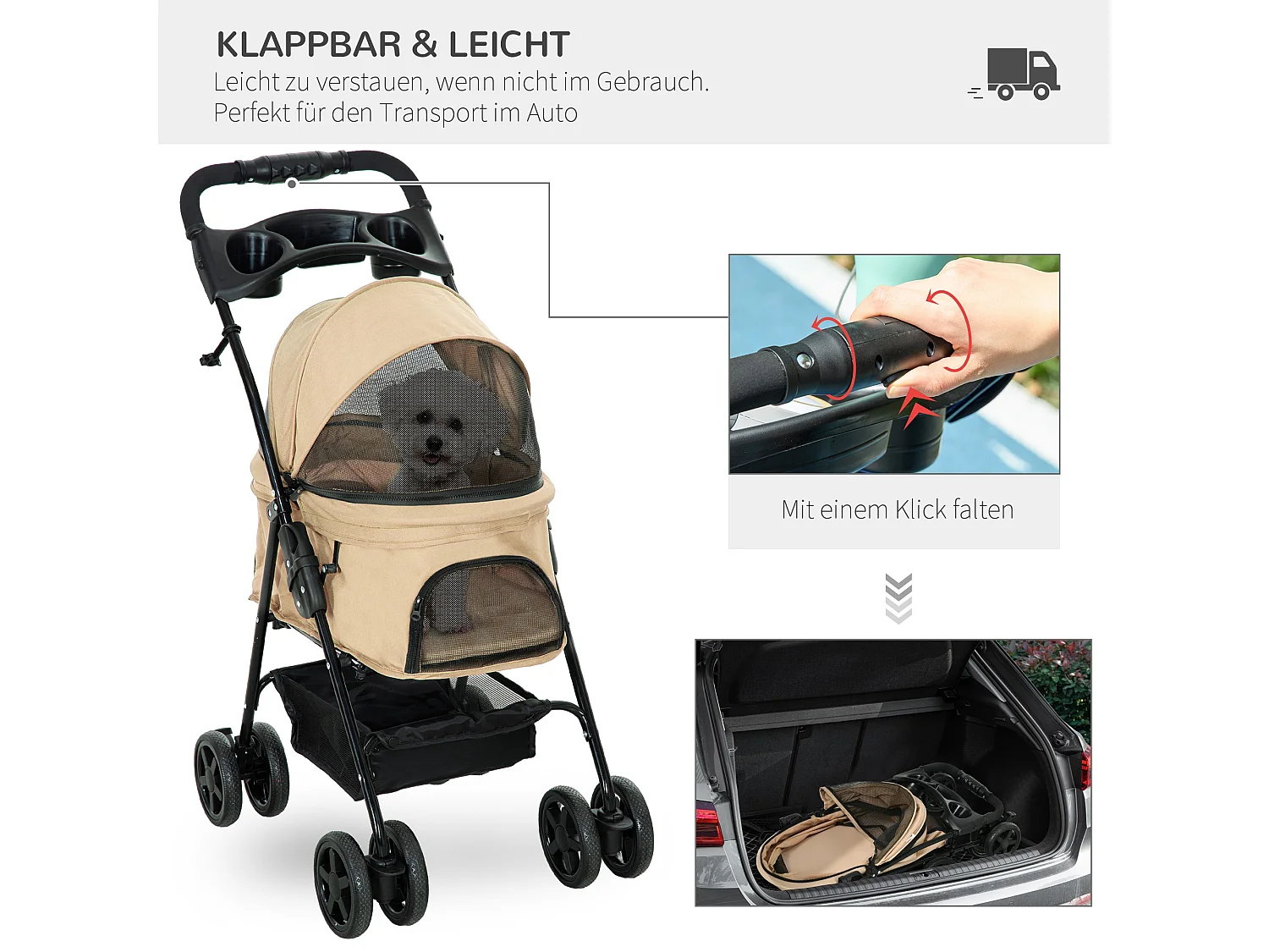 Poussette pliante pour petits chiens et chats, tissu oxford, kaki, avec rangement et roues pivotantes (67x45x96cm)