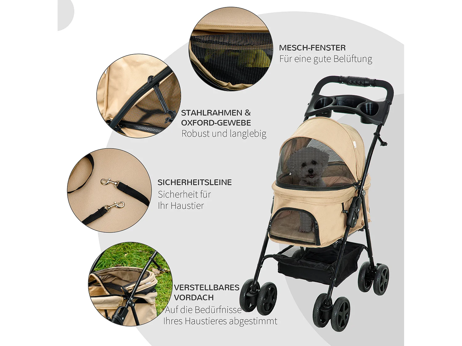 Poussette pliante pour petits chiens et chats, tissu oxford, kaki, avec rangement et roues pivotantes (67x45x96cm)