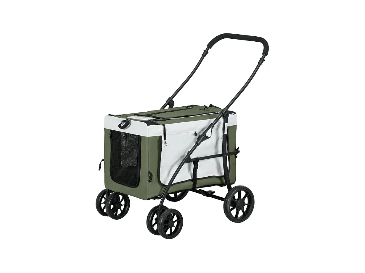 Poussette pliante 2 en 1 pour chien et chat jusqu'à 10 kg, polyester, vert foncé, avec coussin et filets (81x58x97.5cm)