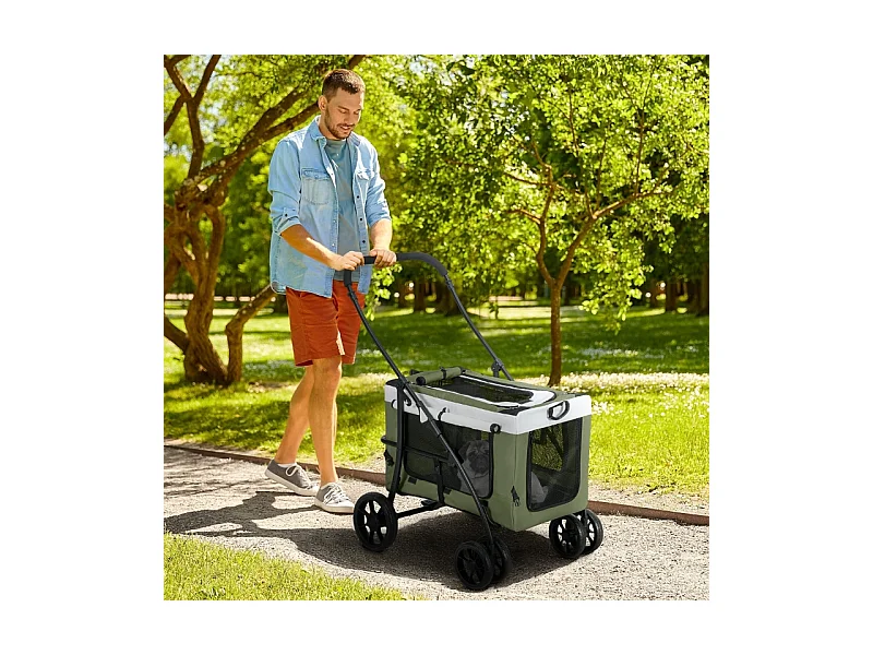 Poussette pliante 2 en 1 pour chien et chat jusqu'à 10 kg, polyester, vert foncé, avec coussin et filets (81x58x97.5cm)