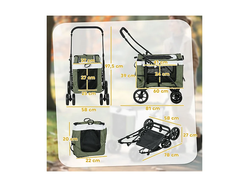 Poussette pliante 2 en 1 pour chien et chat jusqu'à 10 kg, polyester, vert foncé, avec coussin et filets (81x58x97.5cm)