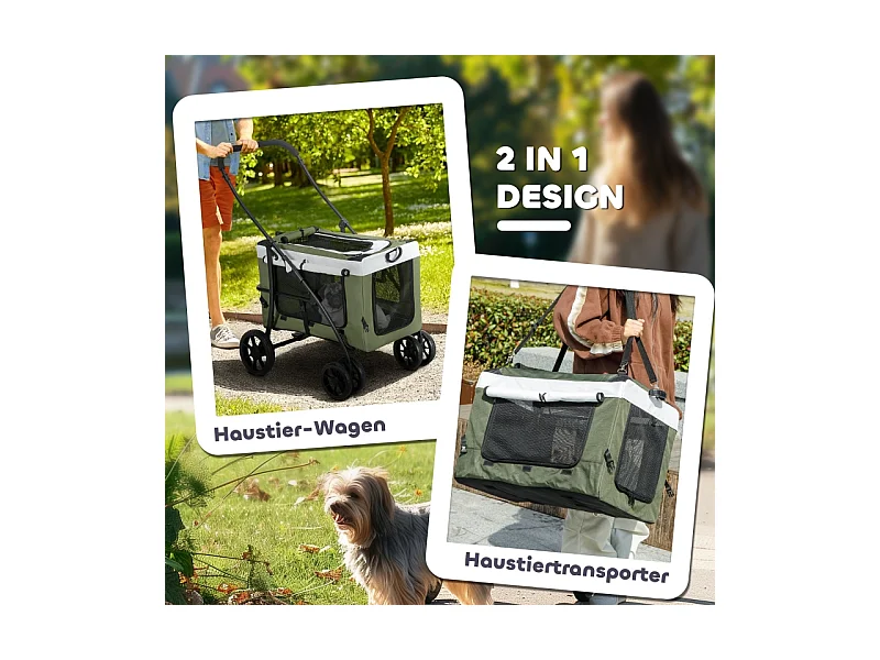 Poussette pliante 2 en 1 pour chien et chat jusqu'à 10 kg, polyester, vert foncé, avec coussin et filets (81x58x97.5cm)