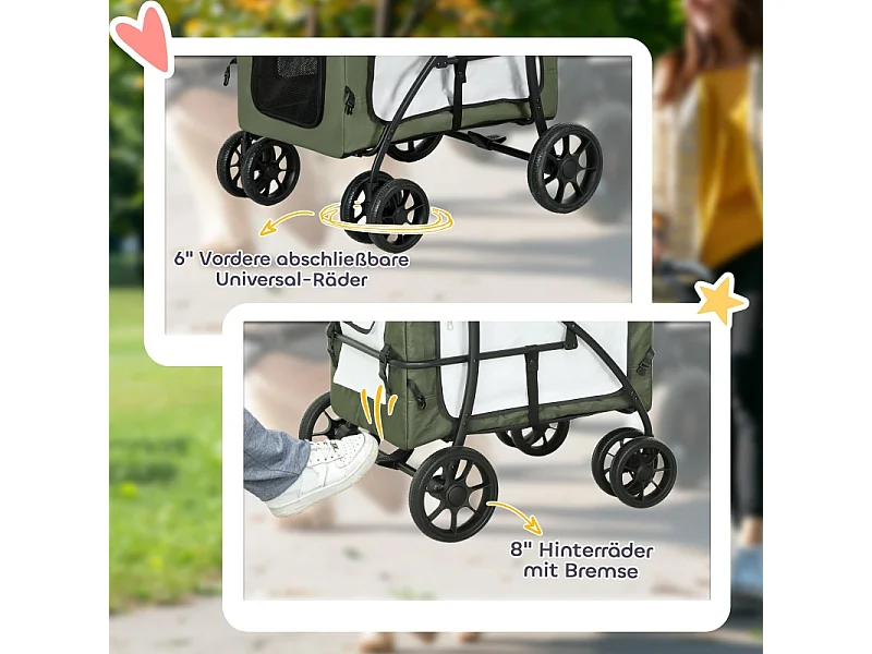 Poussette pliante 2 en 1 pour chien et chat jusqu'à 10 kg, polyester, vert foncé, avec coussin et filets (81x58x97.5cm)