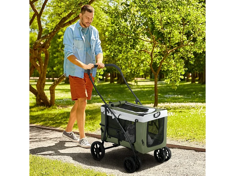 Poussette pliante 2 en 1 pour chien et chat jusqu'à 10 kg, polyester, vert foncé, avec coussin et filets (81x58x97.5cm)