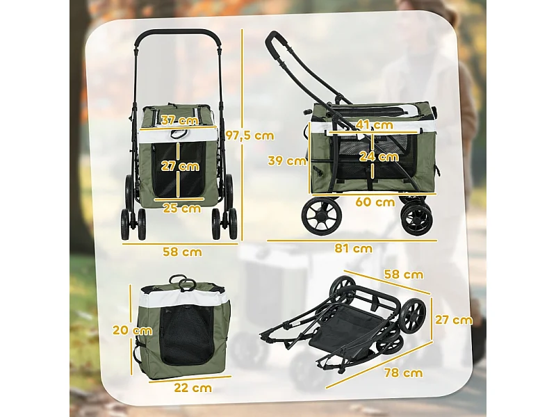 Poussette pliante 2 en 1 pour chien et chat jusqu'à 10 kg, polyester, vert foncé, avec coussin et filets (81x58x97.5cm)