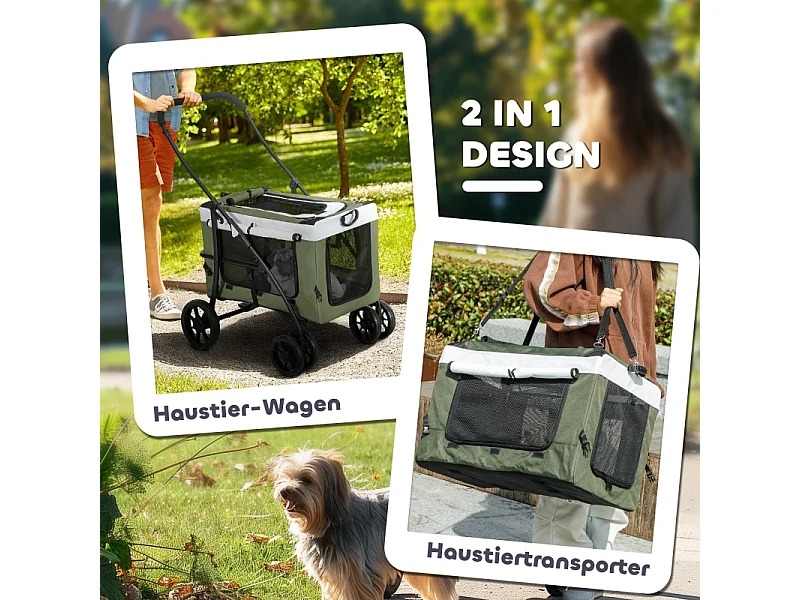 Poussette pliante 2 en 1 pour chien et chat jusqu'à 10 kg, polyester, vert foncé, avec coussin et filets (81x58x97.5cm)