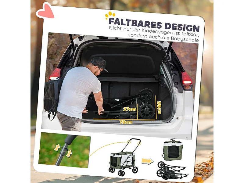 Poussette pliante 2 en 1 pour chien et chat jusqu'à 10 kg, polyester, vert foncé, avec coussin et filets (81x58x97.5cm)