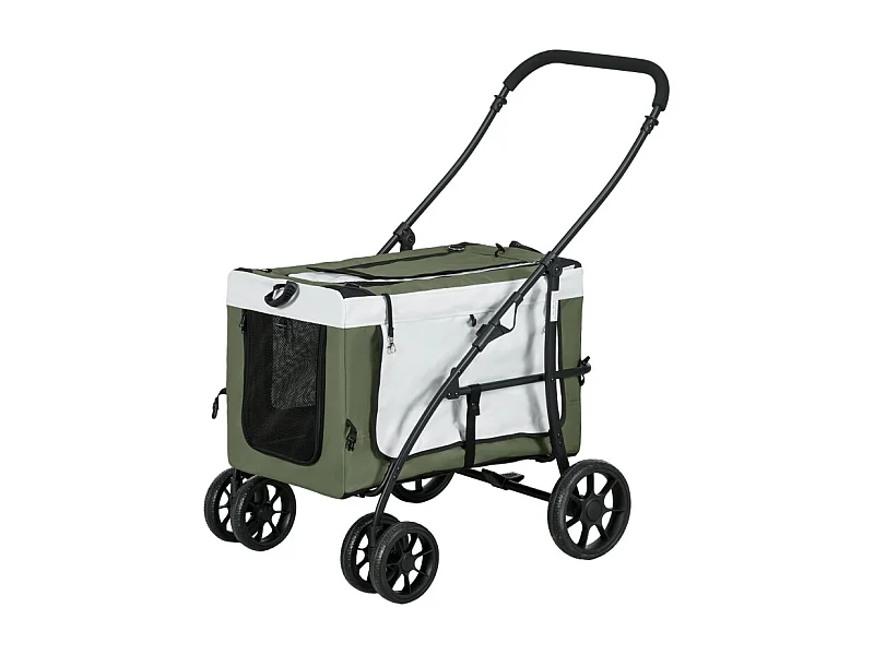 Poussette pliante 2 en 1 pour chien et chat jusqu'à 10 kg, polyester, vert foncé, avec coussin et filets (81x58x97.5cm)