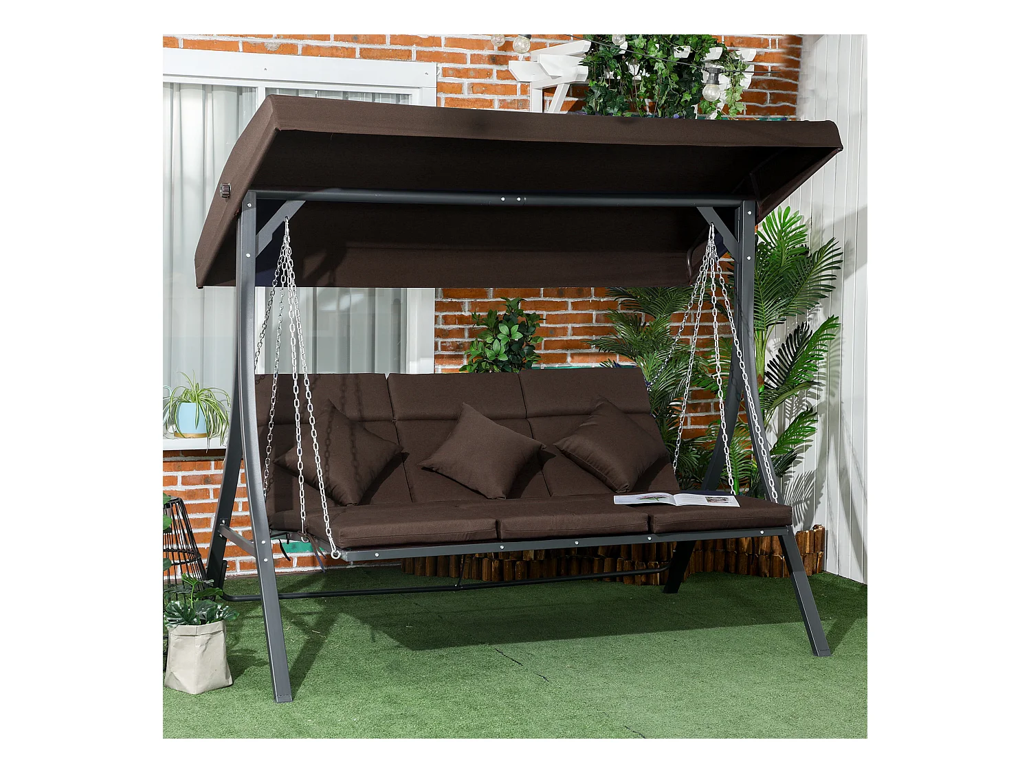 Balancelle de jardin 3 places avec toit orientable, métal et Textiline, marron (198x118x168cm)