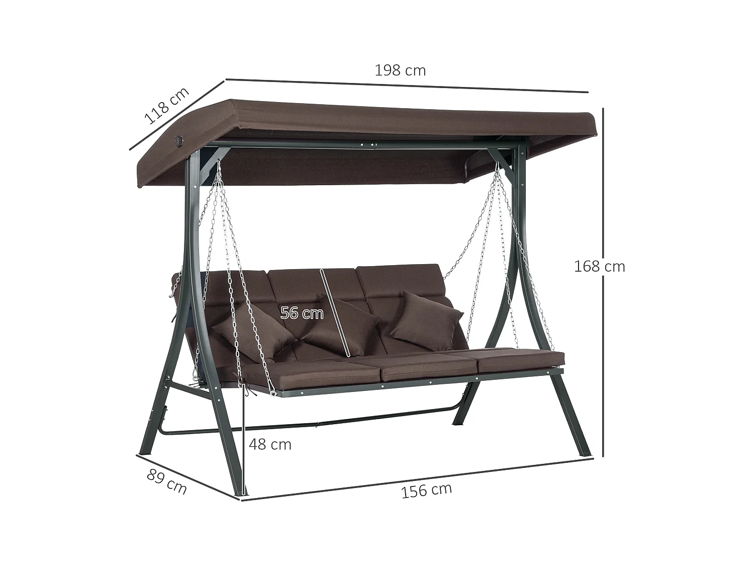 Balancelle de jardin 3 places avec toit orientable, métal et Textiline, marron (198x118x168cm)