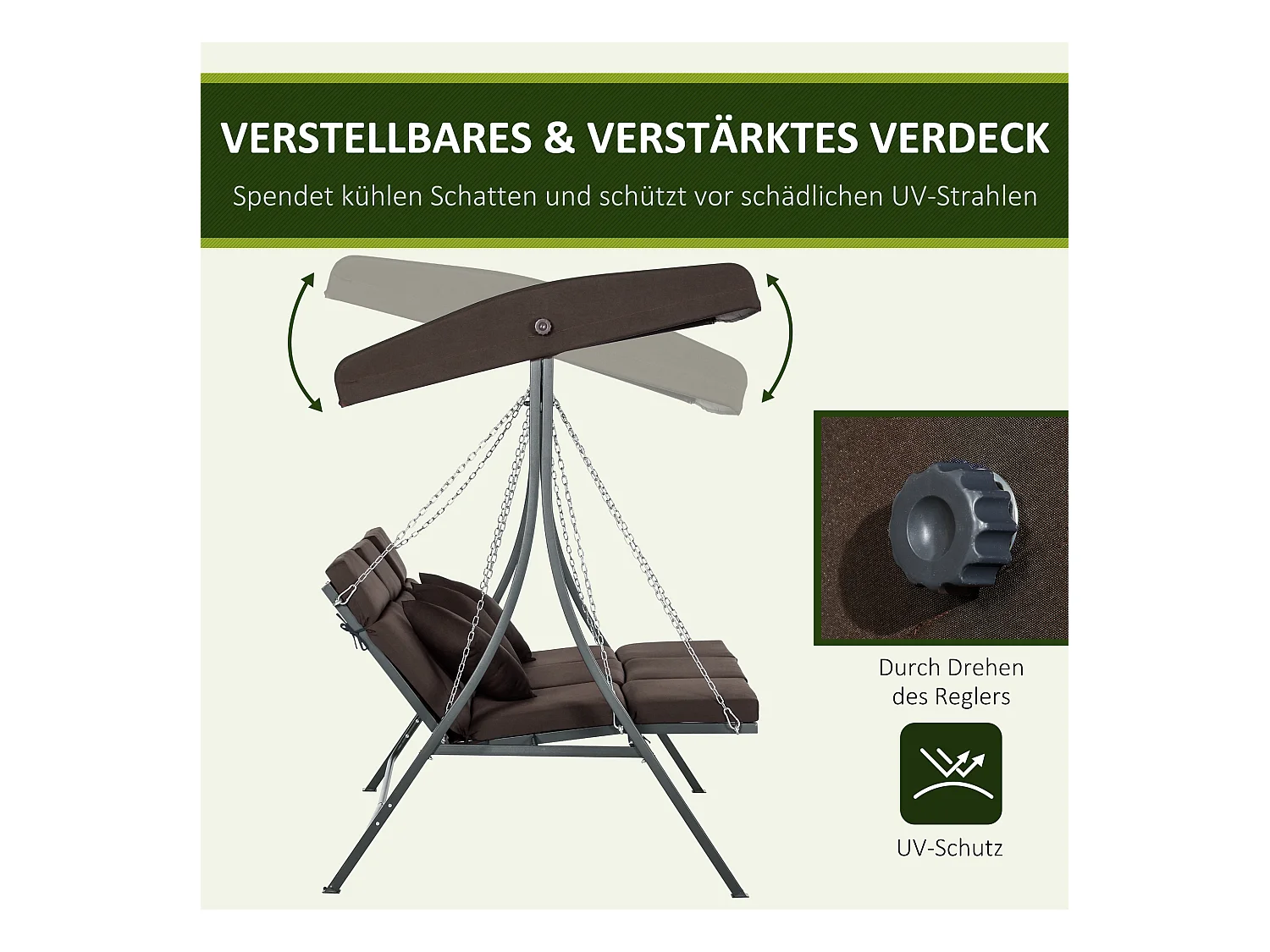 Balancelle de jardin 3 places avec toit orientable, métal et Textiline, marron (198x118x168cm)