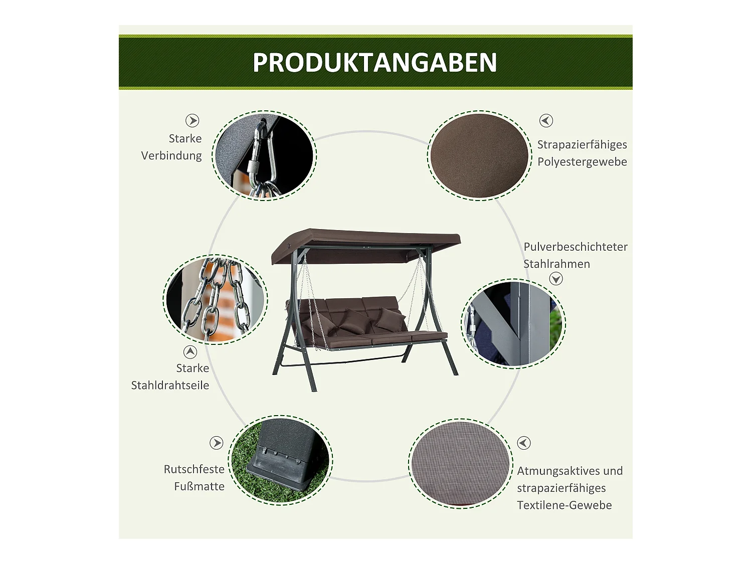 Balancelle de jardin 3 places avec toit orientable, métal et Textiline, marron (198x118x168cm)