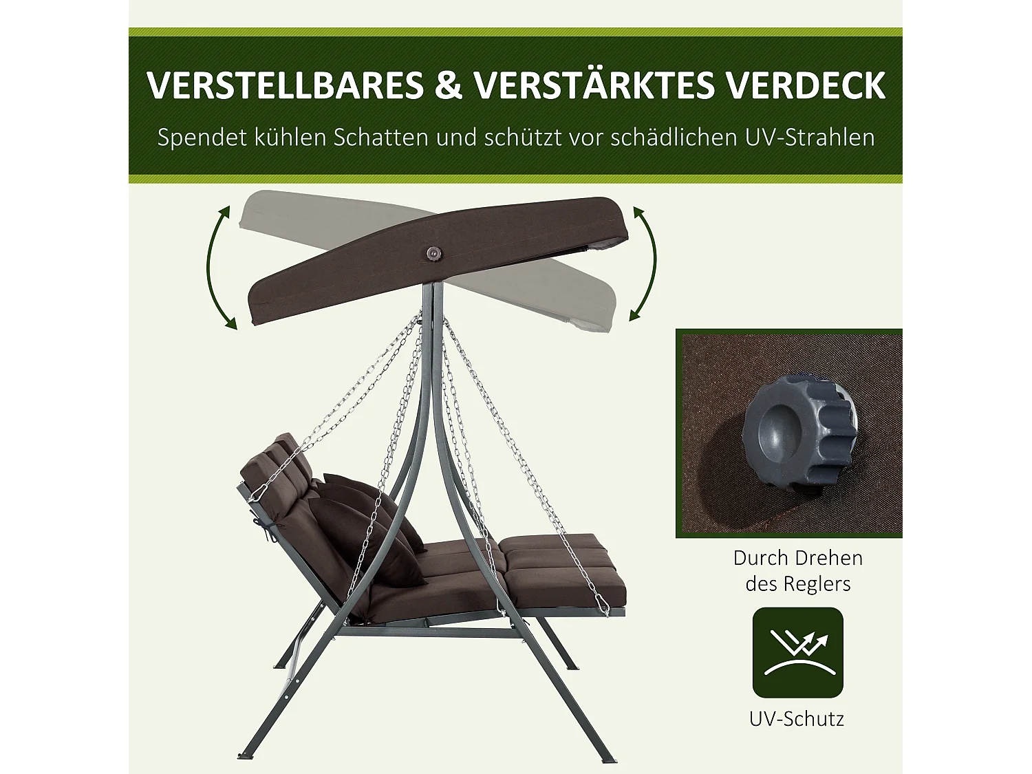 Balancelle de jardin 3 places avec toit orientable, métal et Textiline, marron (198x118x168cm)