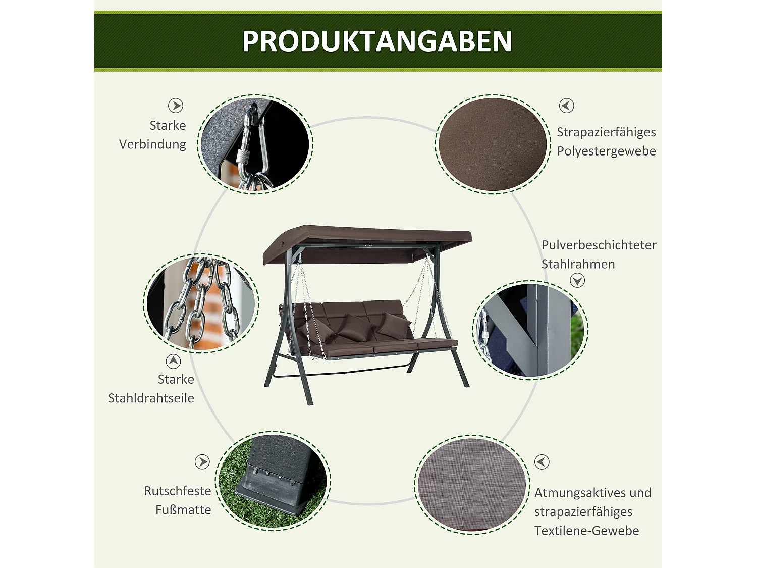 Balancelle de jardin 3 places avec toit orientable, métal et Textiline, marron (198x118x168cm)