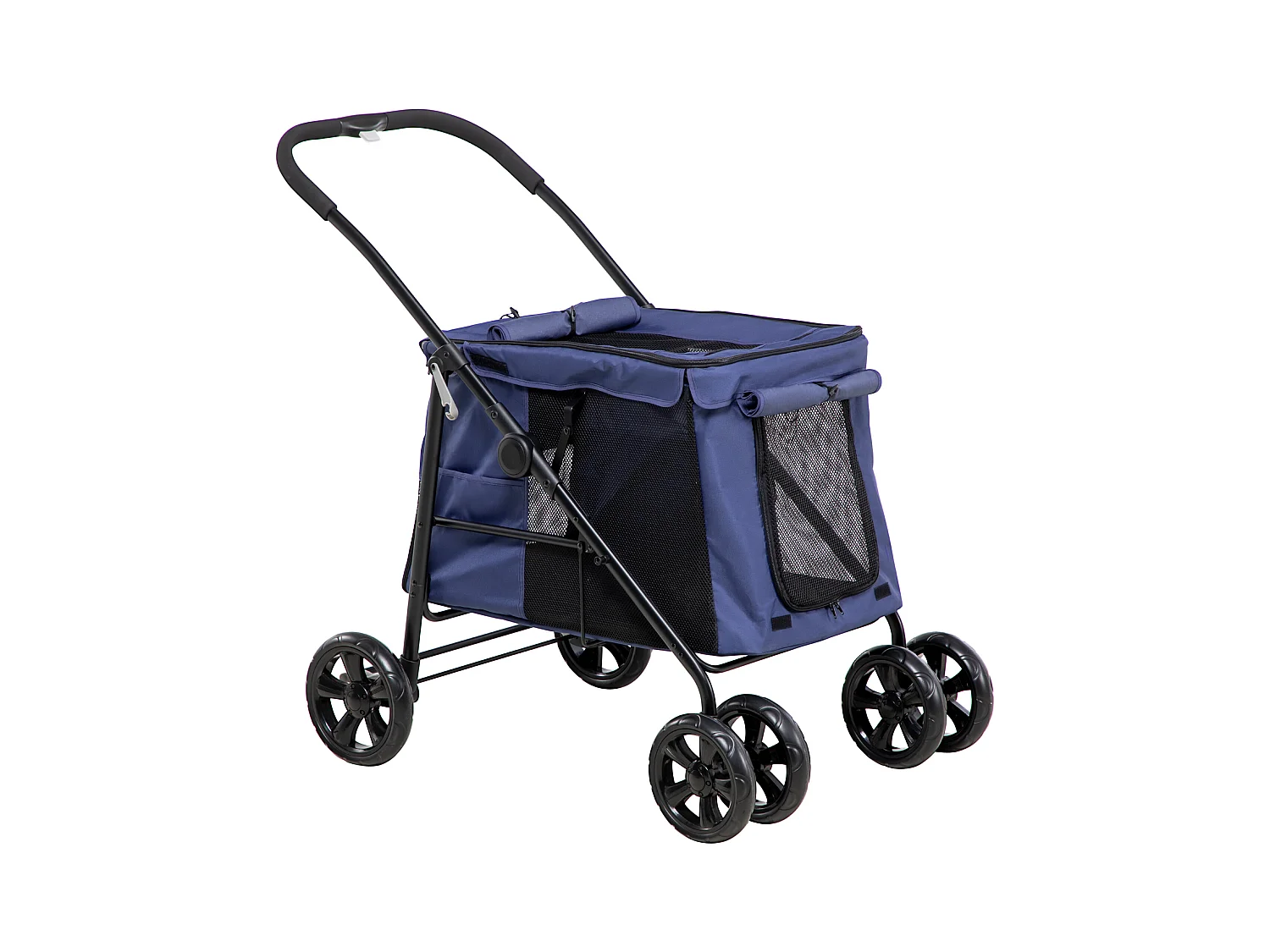 Chariot pliable pour chien, avec coussin, poches latérales et fenêtres en filet, polyester, bleu (102x62x105cm)