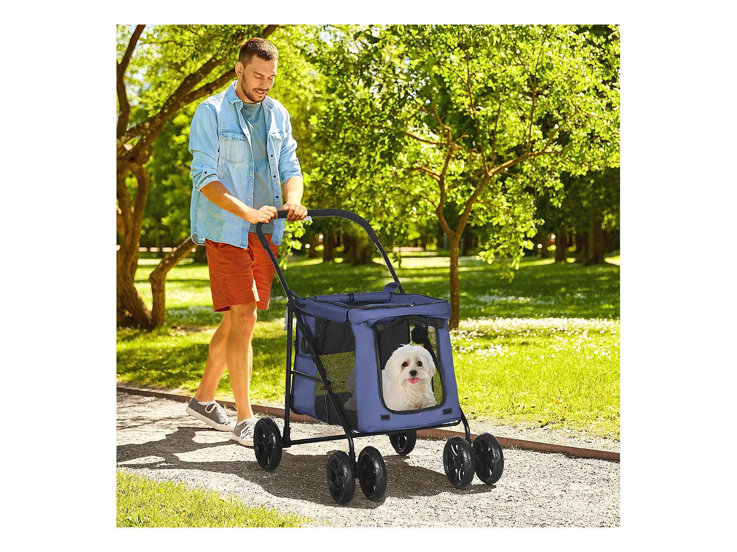 Chariot pliable pour chien, avec coussin, poches latérales et fenêtres en filet, polyester, bleu (102x62x105cm)