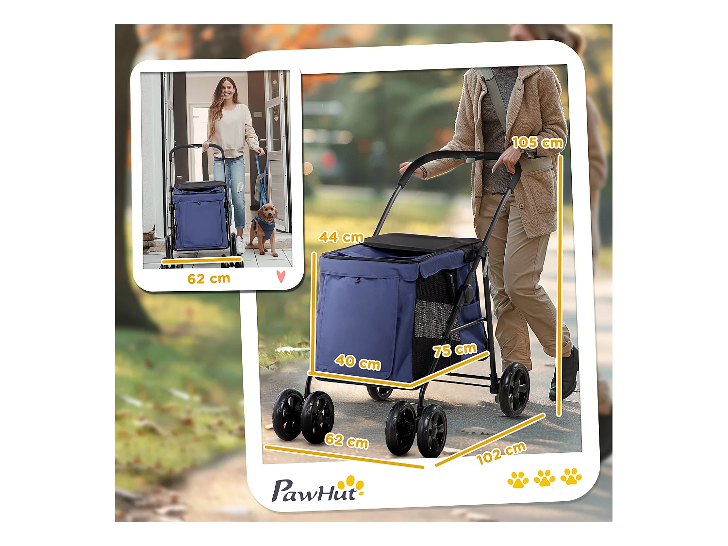 Chariot pliable pour chien, avec coussin, poches latérales et fenêtres en filet, polyester, bleu (102x62x105cm)