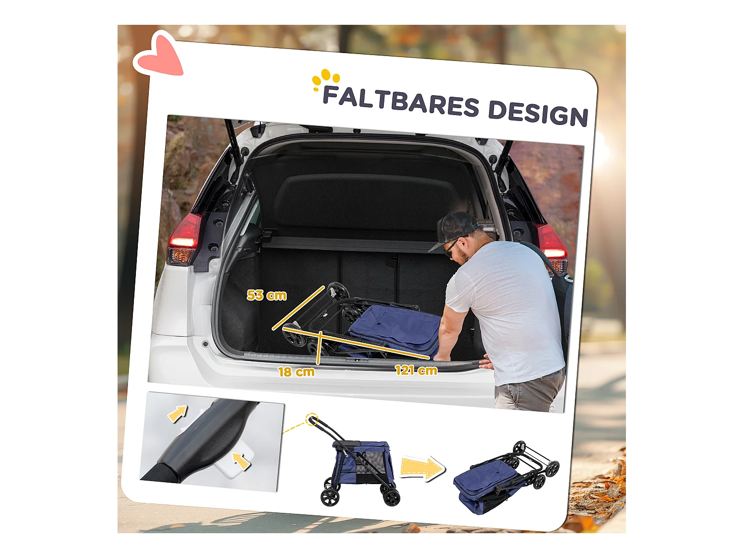 Chariot pliable pour chien, avec coussin, poches latérales et fenêtres en filet, polyester, bleu (102x62x105cm)