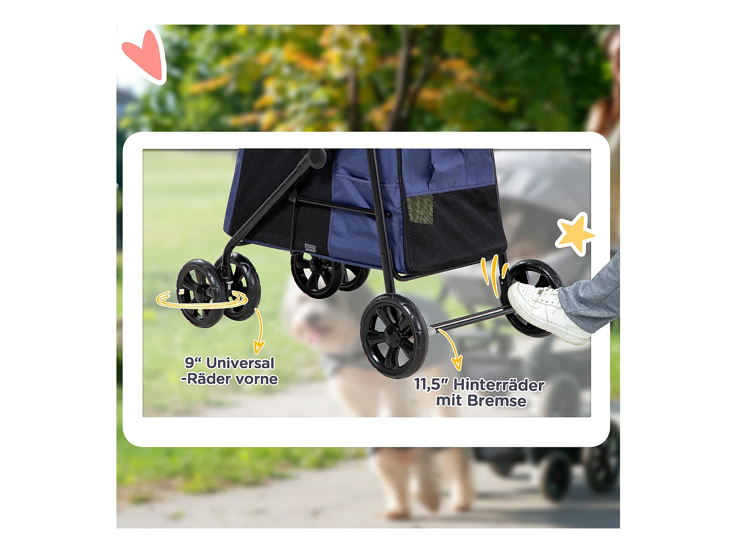 Chariot pliable pour chien, avec coussin, poches latérales et fenêtres en filet, polyester, bleu (102x62x105cm)