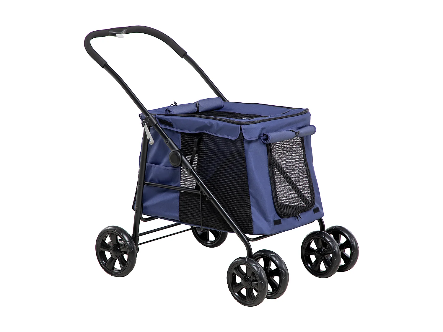 Chariot pliable pour chien, avec coussin, poches latérales et fenêtres en filet, polyester, bleu (102x62x105cm)