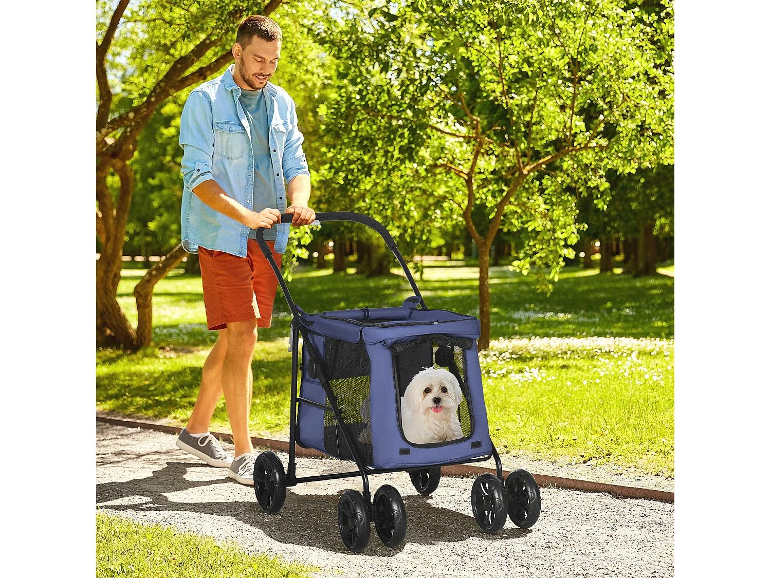 Chariot pliable pour chien, avec coussin, poches latérales et fenêtres en filet, polyester, bleu (102x62x105cm)