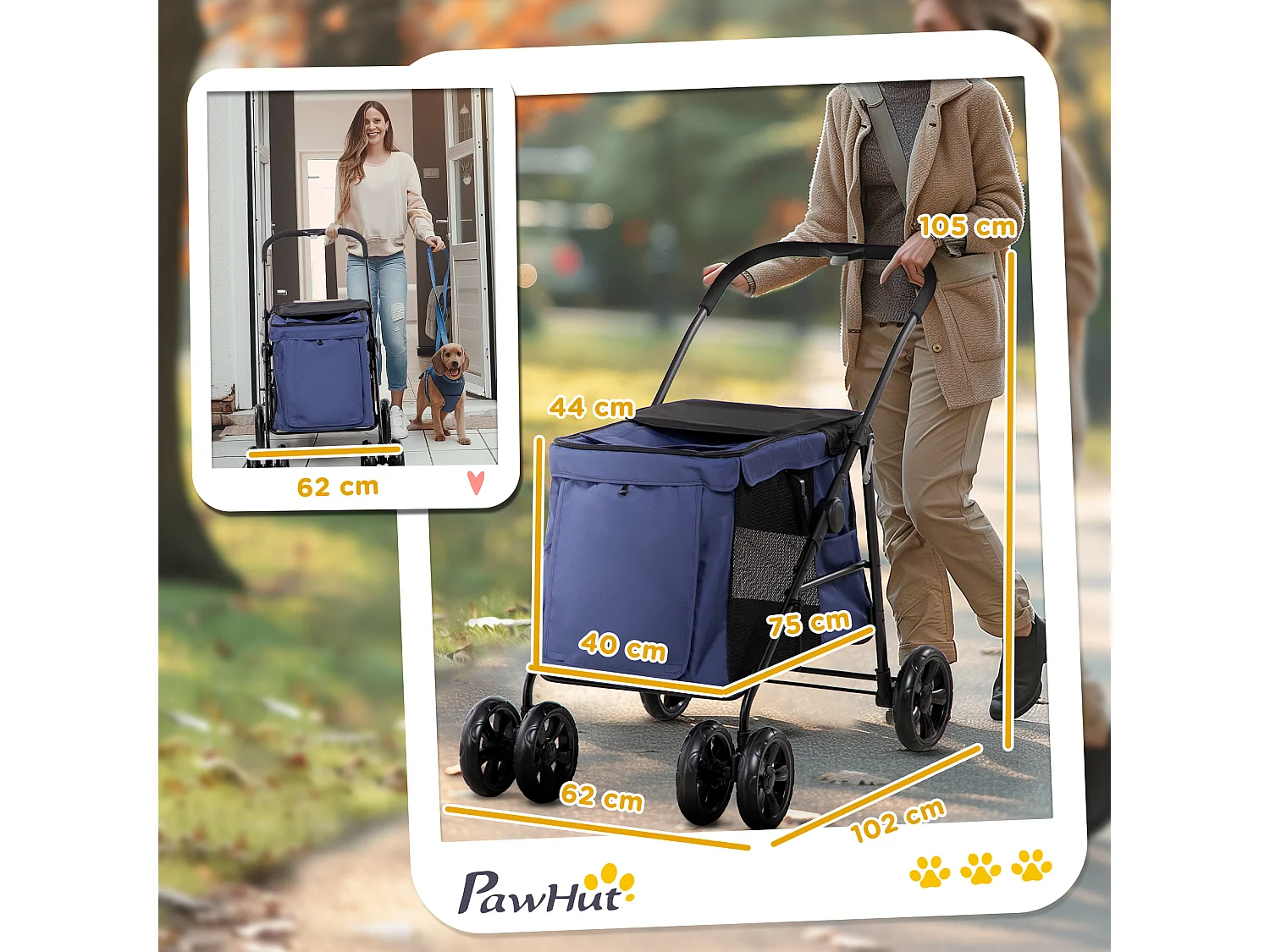 Chariot pliable pour chien, avec coussin, poches latérales et fenêtres en filet, polyester, bleu (102x62x105cm)