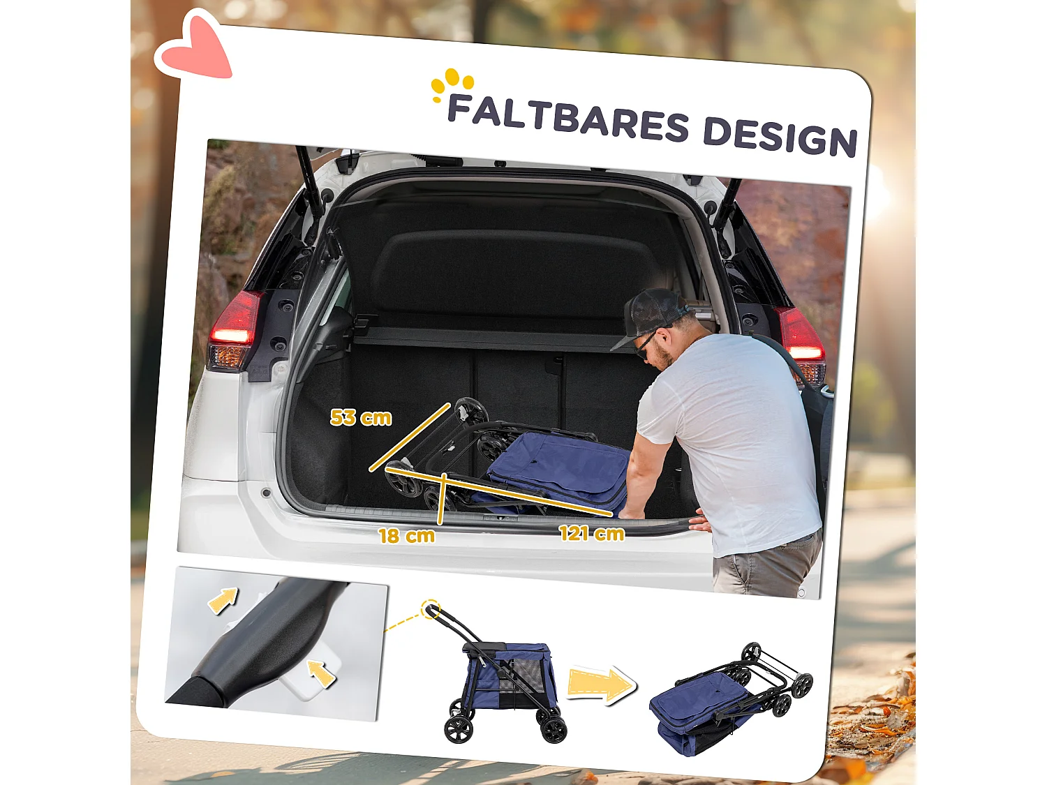 Chariot pliable pour chien, avec coussin, poches latérales et fenêtres en filet, polyester, bleu (102x62x105cm)