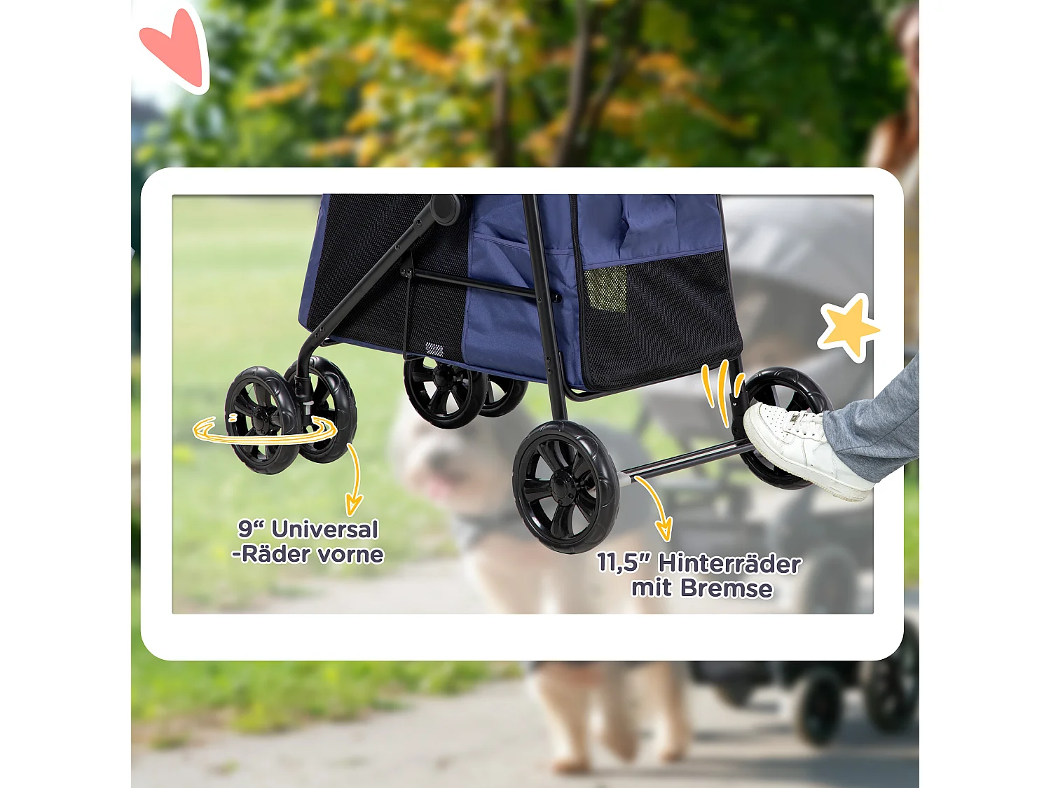 Chariot pliable pour chien, avec coussin, poches latérales et fenêtres en filet, polyester, bleu (102x62x105cm)