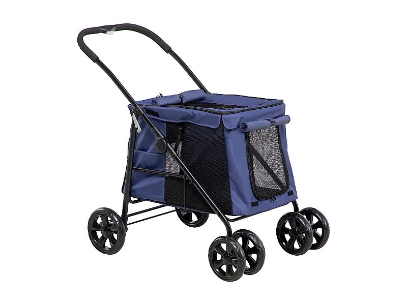 Opvouwbare hondenkar, met kussen, zijvakken en gaasvensters, polyester, blauw (102x62x105cm)