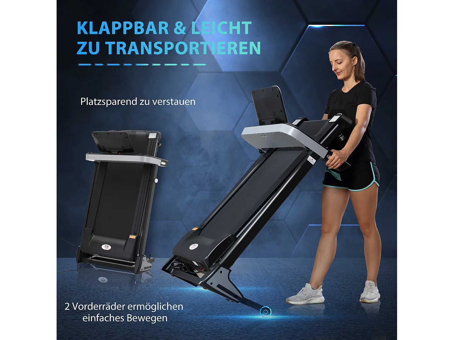 Tapis de course motorisé pliable avec 12 programmes, support pour téléphone, acier, noir (71x128x122 cm)