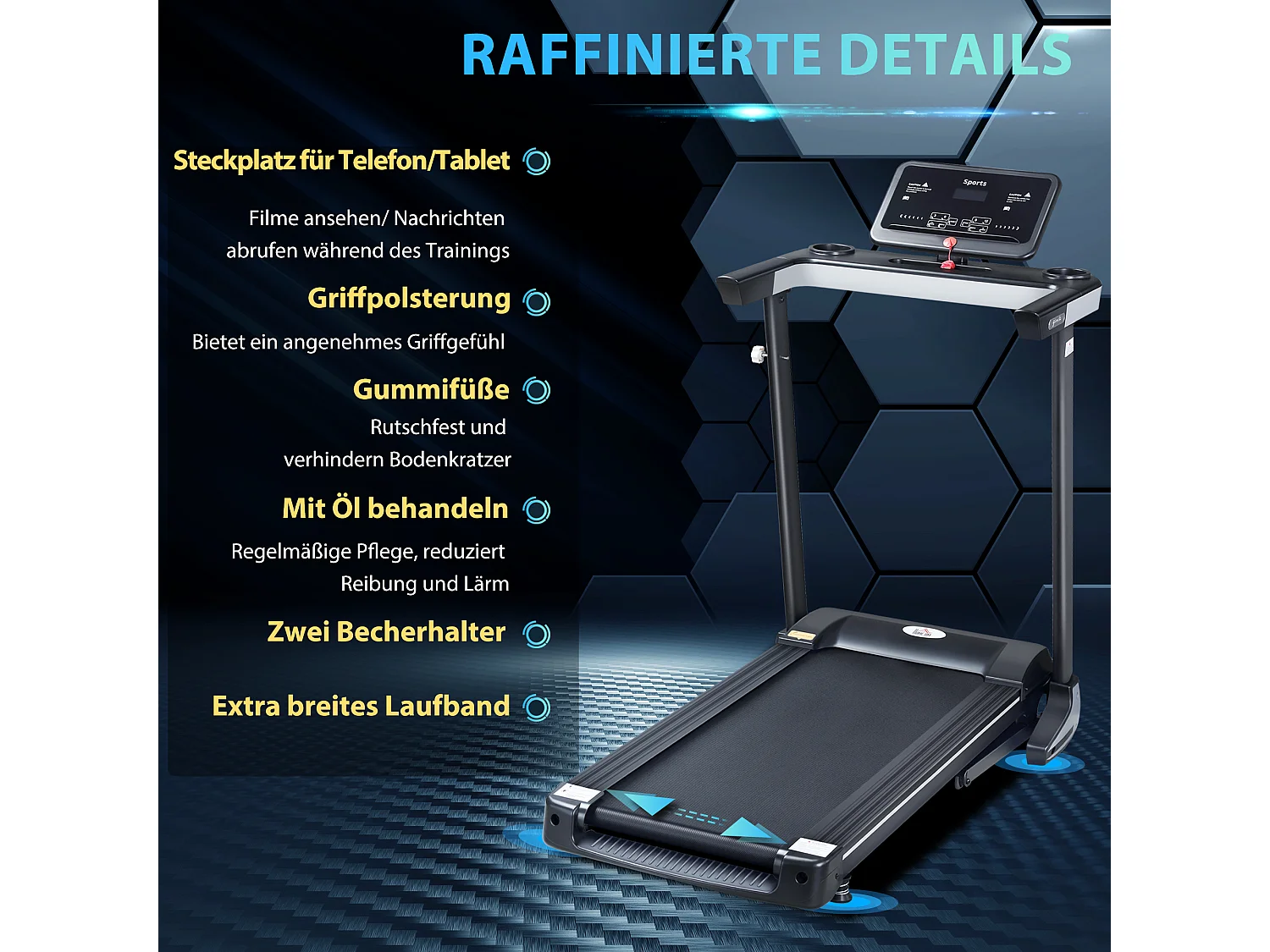 Tapis de course motorisé pliable avec 12 programmes, support pour téléphone, acier, noir (71x128x122 cm)